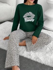 EURMUSE Cotton Women 2 Pcs Lips&Leopard Printed Long Sleeved Shirt&Leopard Pattern Sleep Bottoms Set - Green - View 5