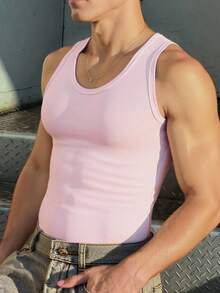 Manfinity Dauomo Men's Summer Casual Solid Color Round Neck Slim Fit Tank Top, 2000s Style - Baby Pink - View 2
