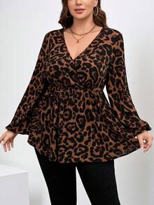 Chikora Plus Size Leopard Print Minimalist V-Neck Long Sleeve Shirt, Casual Everyday Wear - Mocha Brown - View 4