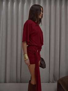 MSMUSERA Vestido camiseta con hombros cuadrados, ajuste holgado, detalle de anillo drapeado, estilo urbano, lindo, elegante, casual, sexy, para salir, - Burdeos - Ver 4