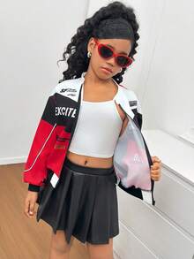 SHEIN Tween 女童休闲日常字母印花宽松拉链夹克，黑色和红色印花 - 紅色 - 查看 5