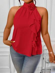 Rometta Áo cổ bèo nhún họa tiết hoa 3D thanh lịch cỡ lớn mùa hè cho quần áo năm mới - Đỏ - Xem 12