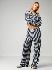 Missguided x Playboy Women Striped Two Piece Set Long Sleeve Crop Top Wide Leg Pants Casual Loungewear Coord - Multicolor - View 1