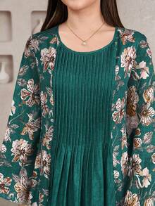 Al Najma 女式印花纯色拼布圆领长袖连衣裙 - 墨綠色 - 查看 6