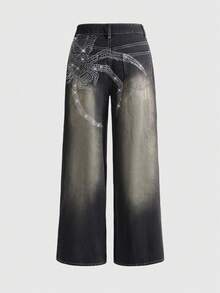 ROMWE Grunge Punk Halloween Relaxed Fit Grunge Distressed Vintage Oversized Spider Web Rhinestone Women Low Waist Jeans - Black - View 2