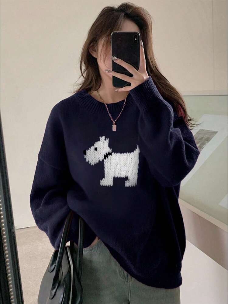 DAZY Women Loose Fit Round Neck Dog Pattern Knit Sweater,Fall