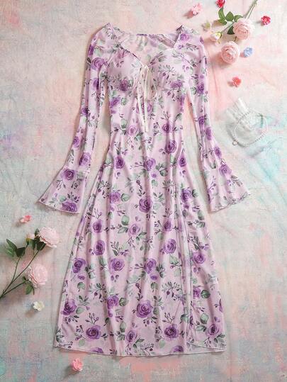 FloralLove Camisola feminina com decote coração, manga flare, amarração frontal, estampa floral