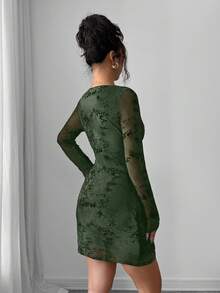 Modelyn Sexy Mesh Jacquard Hollow-Out Long Sleeve Women Dress - Army Green - View 5