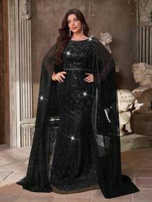 Aureia 加大码优雅浪漫香槟金奢华船领奢华串珠亮片亮片装饰网眼喇叭袖美人鱼下摆正式晚礼服 - 黑色 - 查看 4