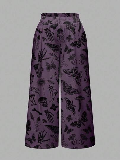 Goth Women's Loose Wide Leg Pants With All-Over Mysterious Witch, Gothic Palace, Dark Skull, Moth, Butterfly, Mushroom And Leaf Print