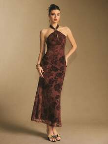 Poéselle 女式花卉印花修身鱼尾下摆优雅挂脖中长连衣裙 - 棕色 - 查看 5