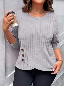 SHEIN LUNE Plus Size Women's Solid Color Round Neck Drop Shoulder Casual Ribbed Textured Long Sleeve T-Shirt - Light Grey - View 4