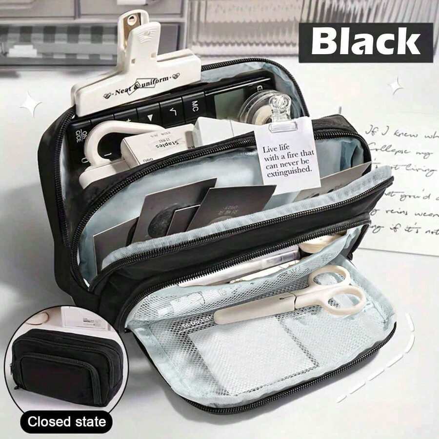 1Pc Macaron Large Pencil Case Pouch ,INS Stationery Bag, Portable Handheld Pencil Case Bag , Cosmetic Bag, For Teens Office,&School Supplies Back To School,Pencil Pouch,School Bag - 彩色 - 查看 1