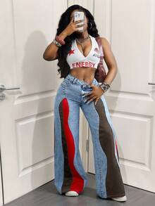 Slaydiva Quần Jeans Rộng Màu Tương Phản Thường Ngày Cỡ Lớn Thời Trang Cho Nữ - Rửa nhẹ - Xem 5