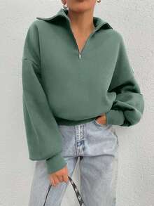 EURMUSE 100% Cotton Collar With Zipper Pattern Oversize Sweatshirt - Mint Green - View 4