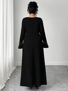 Elenzga Plus Size Elegant Rhinestone Decor Hollow Out Long Sleeve Dress - Black - View 2
