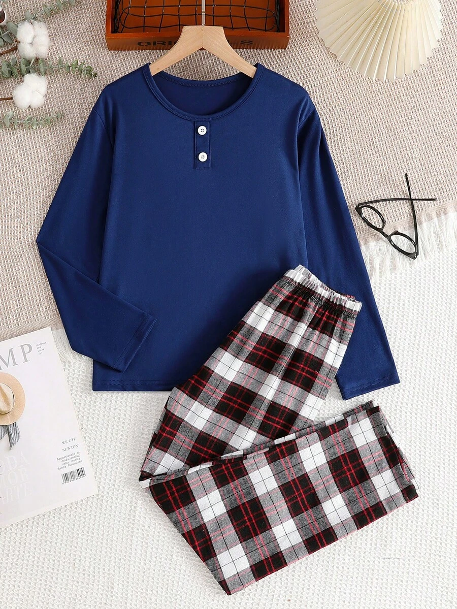 2 件套青少年男孩简约纯灰色长袖上衣和经典格子休闲裤家居服套装 - 彩色 - 查看 1