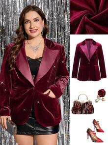 Ellevyn Plus Size Elegant Velvet Blazer With Pockets, Suitable For Parties And Events, Autumn/Winter Halloween Costumes - Burgundy - View 2