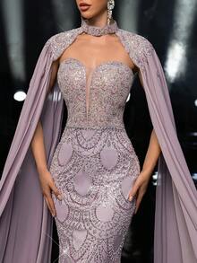 Glamrae 优雅奢华串珠亮片雪纺喇叭袖美人鱼长裙，适合婚礼、派对、度假、舞会、晚礼服 - 灰色 - 查看 3