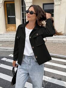 Serisse Women Plain Simple Long Sleeve Jacket In Fall/Winter Black Casual - Black - View 4