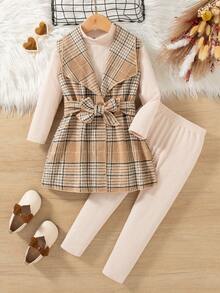 3 件套幼儿女童春秋新款提花针织仿针织高领长袖简约 T 恤、休闲打底裤、格子翻领长款背心夹克（配腰带）、百搭家居服和通勤装 - 卡其色 - 查看 4