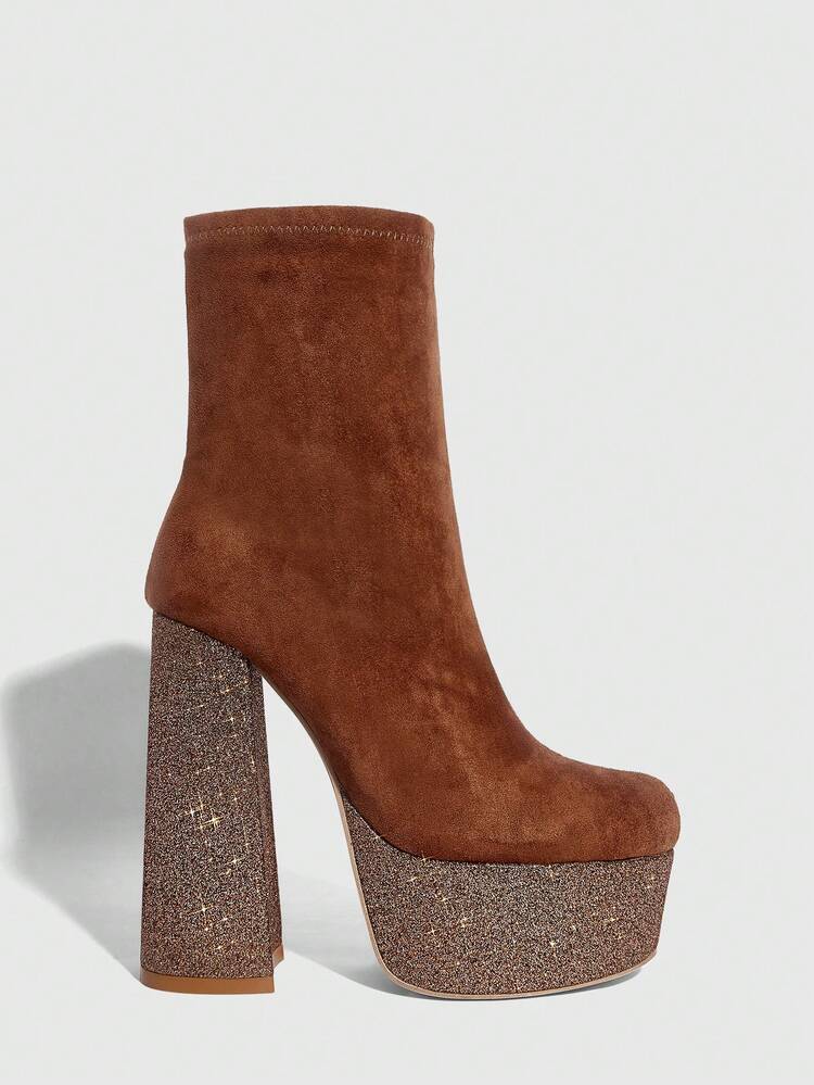 CUCCOO SZL Botas de tobillo elegantes, sexys y de fiesta con plataforma, puntera cuadrada, tacón grueso y cremallera lateral, de gamuza marrón para mujer