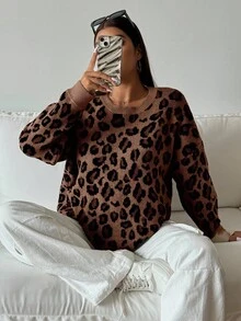 Vibekara Sweter damski w dużym rozmiarze z nadrukiem w panterkę, z obniżonymi ramionami i długim rękawem, nowy wzór na jesień/zimę