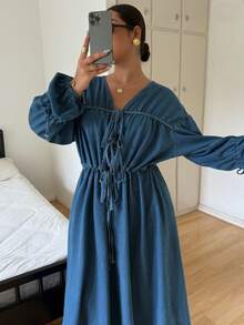 SHEIN CURVE+ Plus Size Women's All Seasons Long-Sleeved Tie-Waist Denim Dress,Christmas Dress,Elegant Dresses For Women,New Year Clothes,Christmas Clothes,Resort Vintage Dress - Medium Wash - View 7