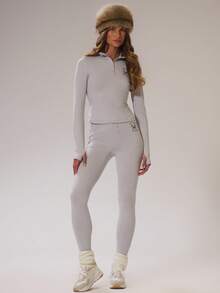 Musera Sport Sport 'Off Piste' Graphic Print Button Through Fitted Long Sleeve Top Cosy Winter Cosy Activewear Sport Gym Workout Lounge Ski Padel Fitness Off Piste - Light Grey - View 5