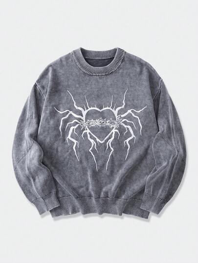 Street Life Vintage Style Men's Minimalist Printed Crew Neck Long Sleeve Sweater