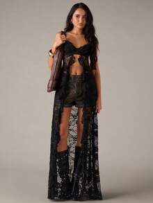 SHEIN BAE 女士时尚性感纯色蕾丝露背吊带背心 - 黑色 - 查看 5