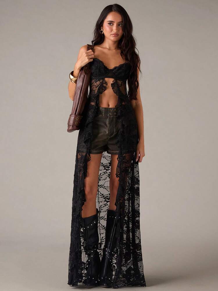 SHEIN BAE Autumn/Winter Party/Holiday Black Sexy Lace Extra Long Camisole Top, Lace Top, Christmas Party, Club, Black Corset, New Year's Party Top, Date Top,Christmas Women's Clothing,Stylish Women's Top - Black - View 5