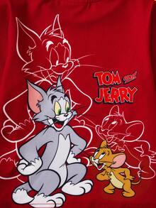 TOM & JERRY X SHEIN 小男孩卡通图案撞色装饰圆领宽松长袖T恤，酒红色，秋冬 - 酒紅色 - 查看 6