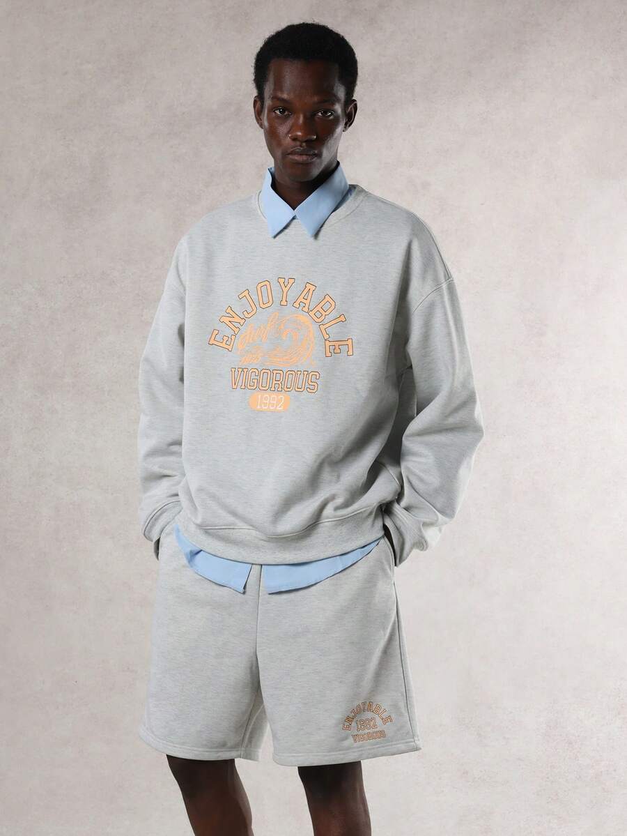 DAZY Men's Letter Print Fleece Sweatshirt & Shorts 2-Pieces Set, Autumn/Winter - Grey - View 1