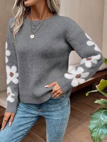 SHEIN LUNE Áo len dài tay cổ tròn hở vai họa tiết hoa thường ngày cho nữ, mùa thu/đông - Xám - Xem 5