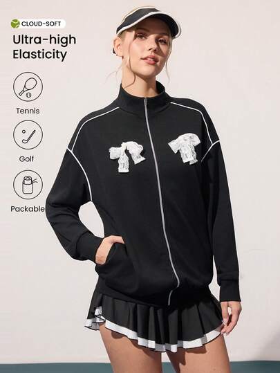 CourtClass Chaqueta deportiva casual suelta con cuello alto, bloque de color, rayas, encaje, moño y parche, adecuada para otoño/invierno