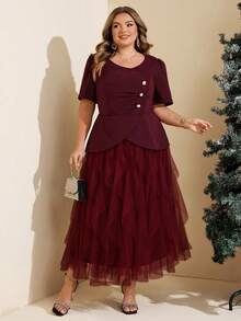 SHEIN CURVE+ Elegantes Sommerkleid in Übergröße mit V-Ausschnitt, Mesh-Einsätzen und kurzen Ärmeln, burgunderrot - Rot - Übersicht 5