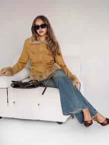 SHEIN ICON Cappotto slim fit in stile bohémien sexy ed elegante da donna per l'autunno e l'inverno, in stile Y2K e millennials, moda individualista, audace e d'avanguardia, con patch in pelliccia sintetica sui lati - Cachi - Visualizzare 7