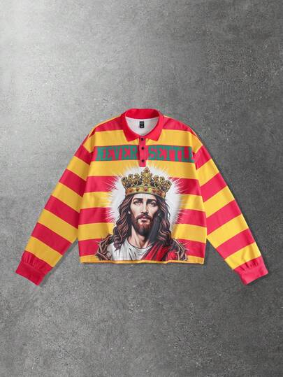 Camiseta de manga larga casual para hombre con estampado de color contrastante y rayas