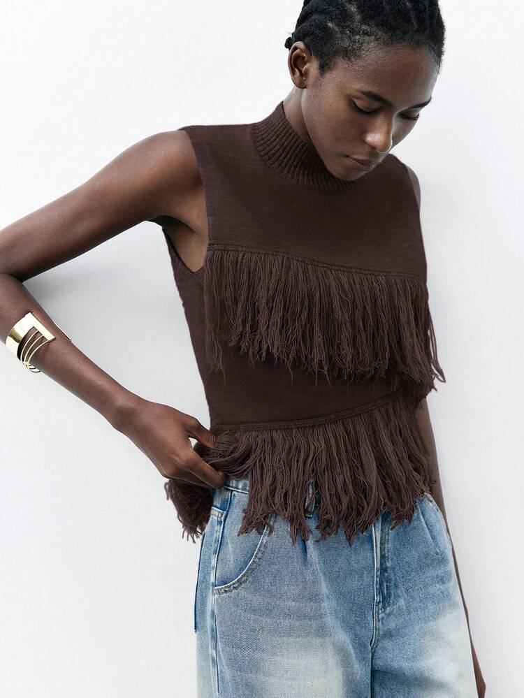 SHEIN Maija Women's Solid Color Sleeveless Knit Top With Tassel Decor And Asymmetric Hem Design, Showcasing Fashionable Personalized. Classic Brown Color, Minimalist Yet Detailed, Suitable For Urban Commute, Business Casual And Office Wear. Vacation Summer Going Out Graduation