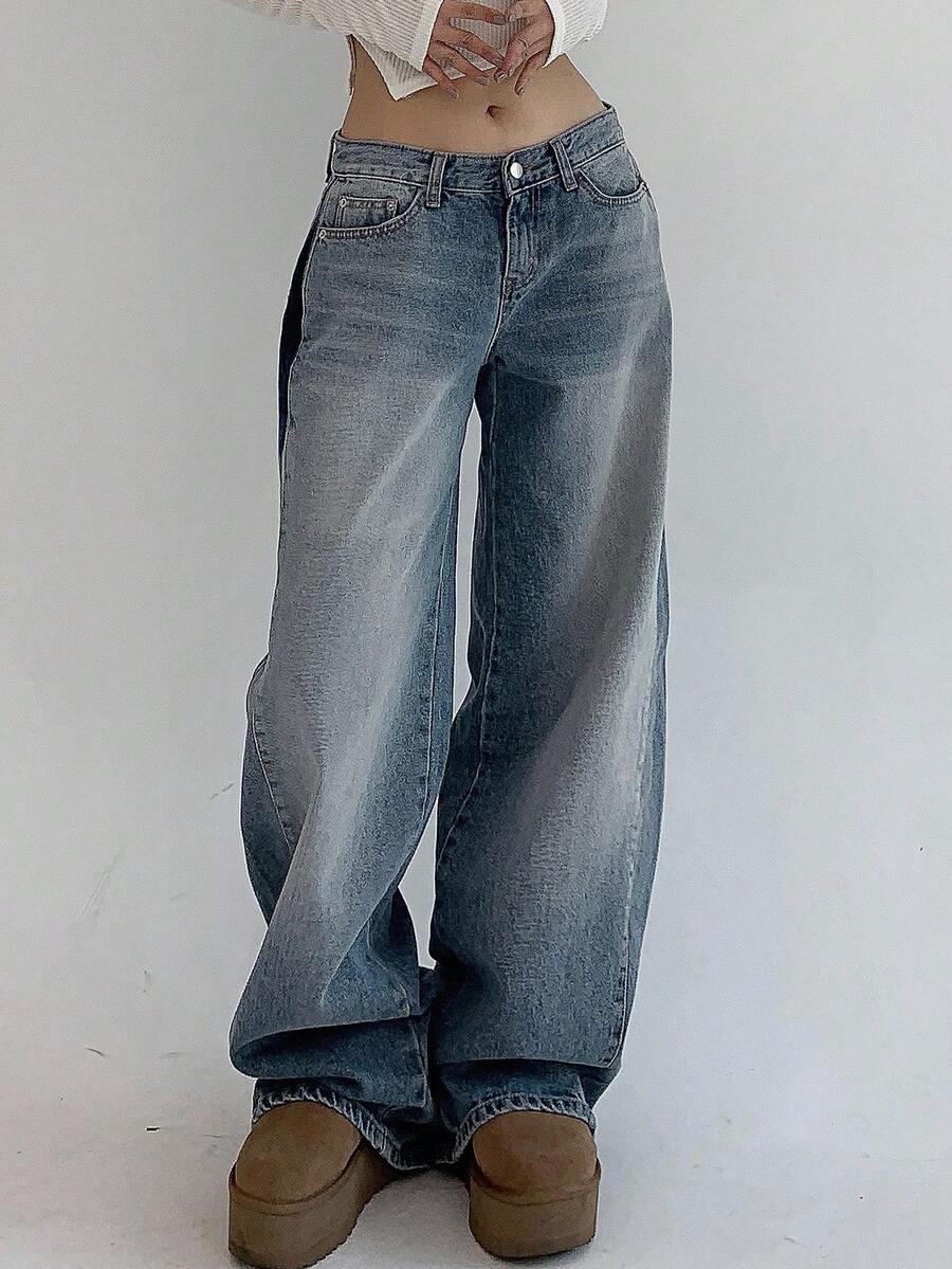 DAZY 女士口袋宽松阔腿休闲百搭牛仔裤 - 淺色水洗藍 - 查看 1
