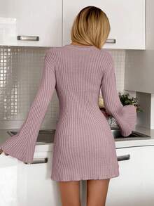 EURMUSE Mini Wool Dress With Flared Striped Sleeves - Coral Pink - View 2