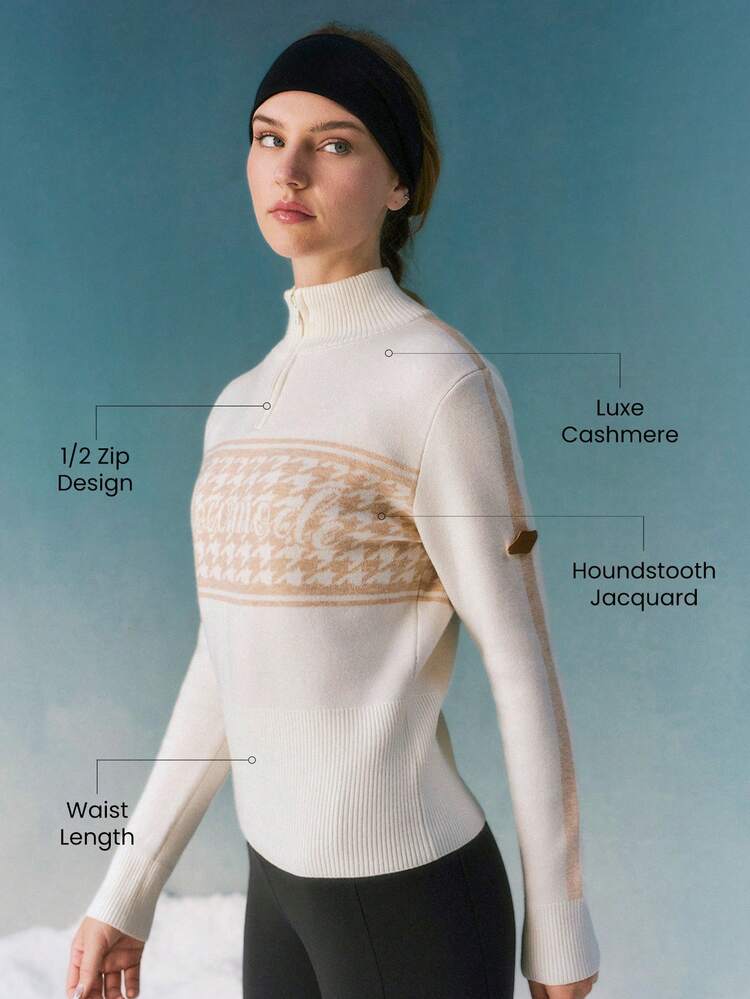 Colección de esquí Chaqueta de cuello alto con cremallera de 1/4, ajustada, de tejido jacquard de pata de gallo, suave, cálida y acogedora, para usar en otoño e invierno en exteriores y esquiar