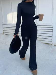 FavEase 黑色不对称肩部褶皱领合身腰部长袖复古喇叭连体裤，复古、简约、百搭、超有弹性且柔软，适合休闲、运动、瑜伽、日常穿着 - 黑色 - 查看 6