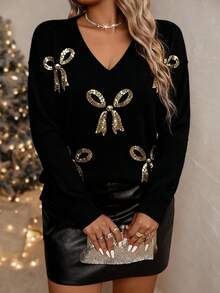 Auvina Maglione taglia comoda a tinta unita con scollo a V, fiocco e ricamo con paillettes, maglione casual ed elegante adatto per Natale, ritorno a scuola, vacanze romantiche, abbigliamento da ufficio