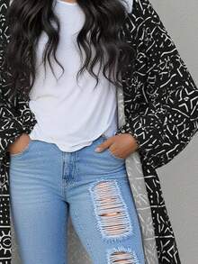 INAWLY 1 chiếc áo khoác dài tay thời trang đa năng bằng polyester cỡ lớn thanh lịch, in toàn bộ, dáng rộng thoải mái, phù hợp với mọi mùa - màu đen - Xem 4