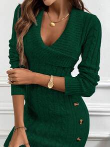 Chiquease Collared Knit Long Sleeve Comfortable Sweater Dress - Dark Green - View 3