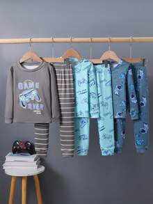 SHEIN Set Pakaian Rumah Anak Laki-Laki 6pcs/Set Atasan Lengan Panjang dan Celana Panjang Pas Badan dengan Motif Permainan Video & Astronot - MultiWarna - View 8