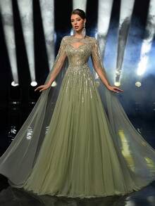 Glamrae 优雅奢华的草绿色串珠亮片花卉可拆卸泡泡袖露肩长裙，适合婚礼、派对、度假、庆典、正式活动（大量装饰） - 草綠色 - 查看 5