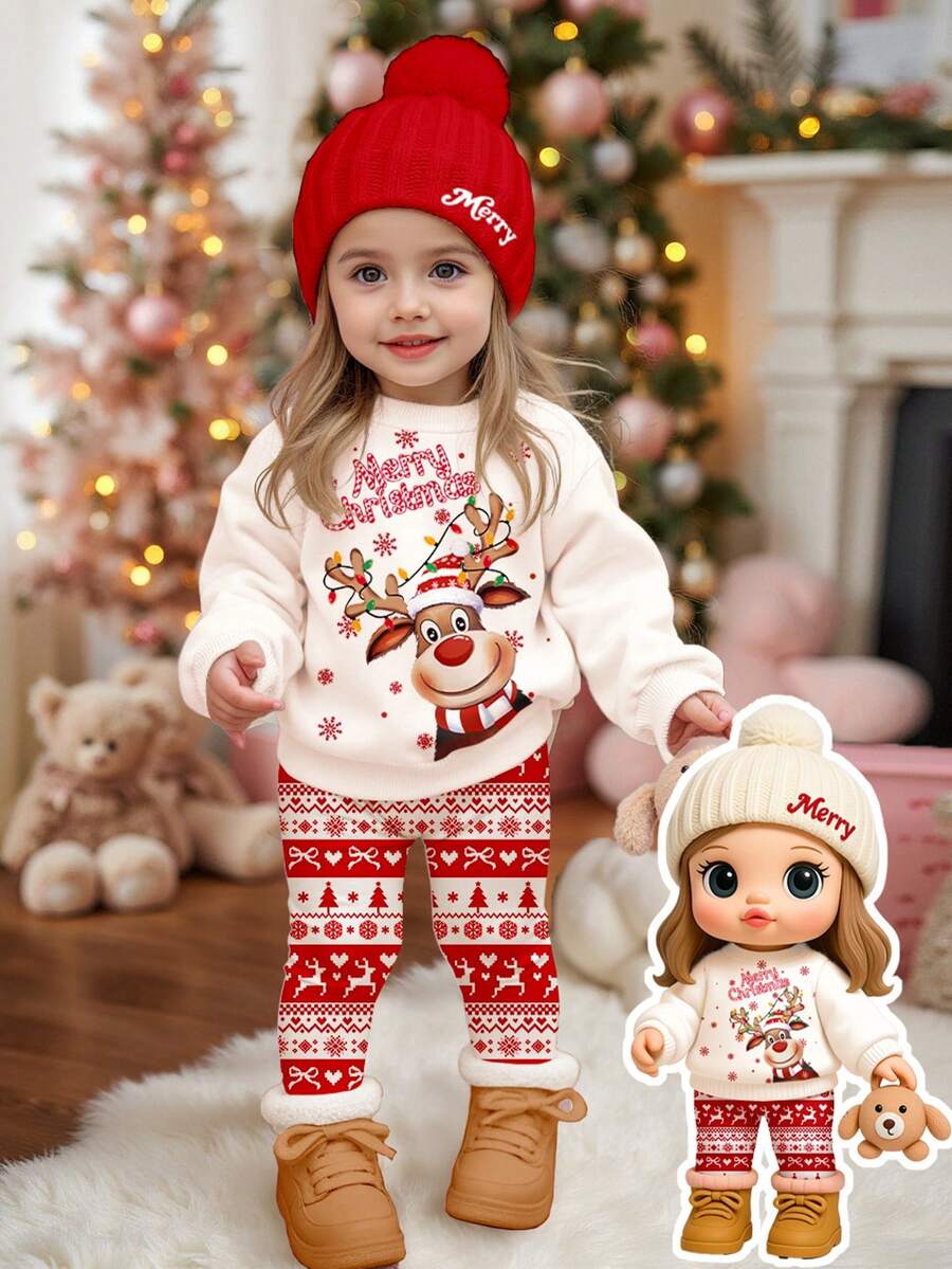 SHEIN Happikins Baby Girl Christmas Reindeer Snowflake Fair Isle Sweatshirt&Leggings Set,Beige,Autumn,Funny Graphic,Matching Family Vintage Warm Outfit - Multicolor - View 1